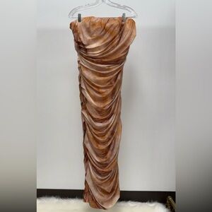 Brown Strapless Pleated Gown for Cocktail